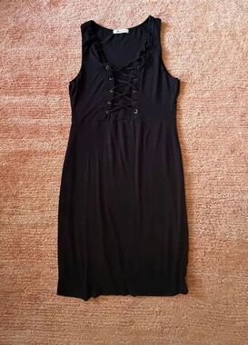 Mikey & Joey Size M Black Stretch Knit Lace-Up Midi Dress Lined Skirt